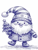 Christmas gnome with a striped hat holding a fir tree, knitting chart for Brother STP