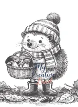 Hedgehog in a hat carrying a basket of mushrooms, baby blanket knitting chart