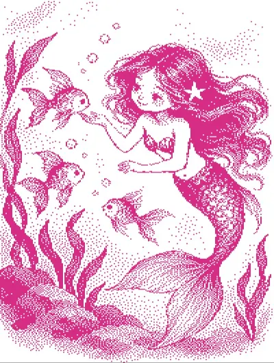 Mermaid with goldfish among seaweed, pink knitting chart for Brother STP
