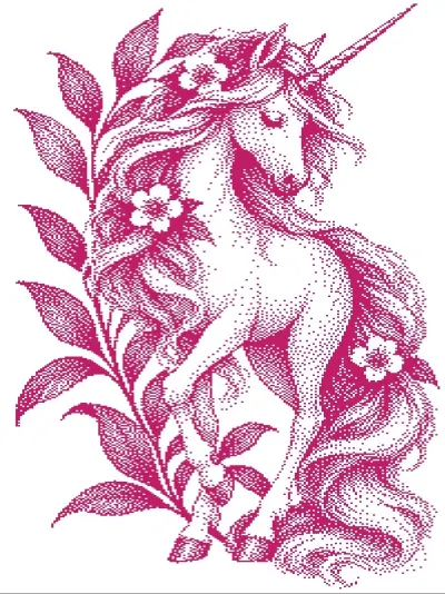 Vintage unicorn with flowers in its mane, pink knitting chart for Brother STP