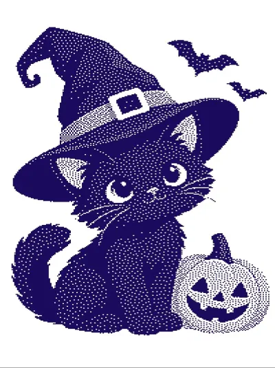 Black cat in a witch hat with a pumpkin and bats, Halloween knitting chart for Brother STP