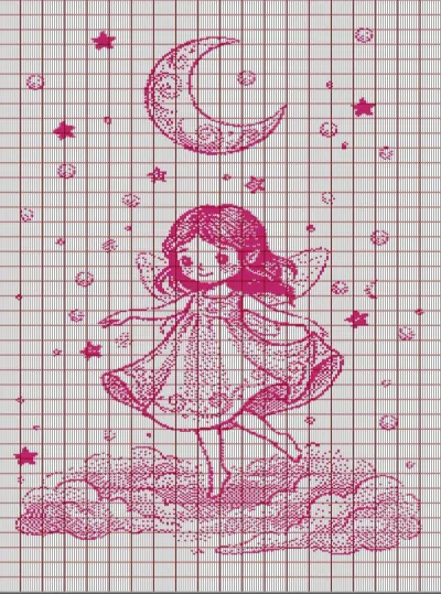 Dancing fairy under the moon and stars, pink knitting chart for Brother STP