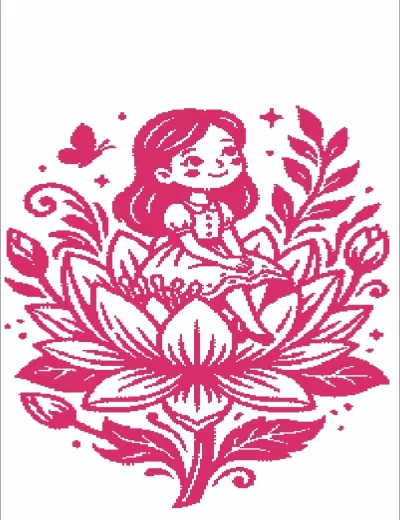 Thumbelina sitting in a lotus flower, pink knitting chart for Brother STP