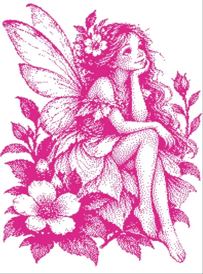 Fairy with wings sitting among roses, pink knitting chart for Brother STP