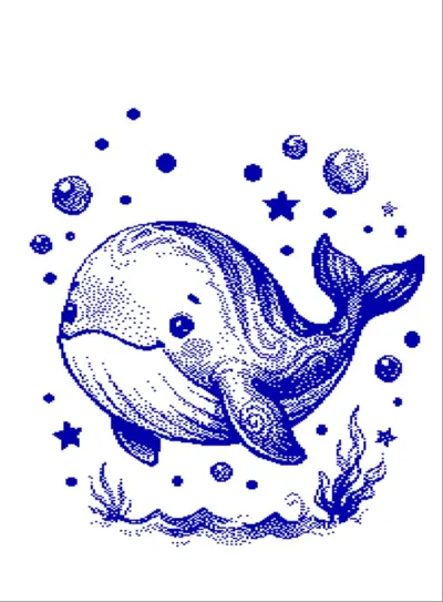 Smiling whale with bubbles and stars, blue knitting chart for Brother STP