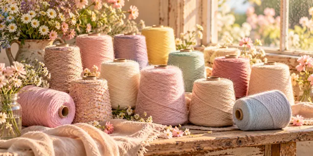 Pastel cones of carded and combed cotton yarn on a wooden table with flowers